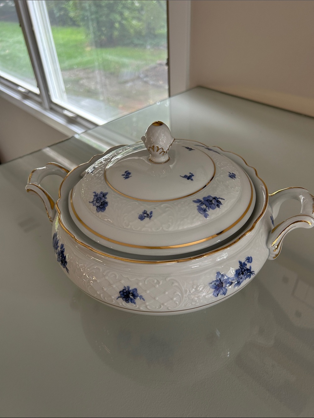 Porcelain Covered Serving Bowl with Blue Floral Pattern and Gold Trim